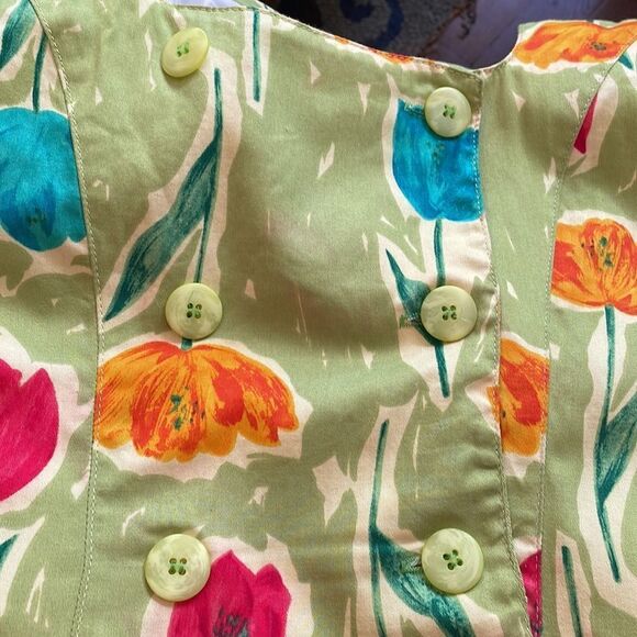 Vtg 80s/90s Alexander Campbell  green sleeveless sheath dress with tulip design - Picture 11 of 12